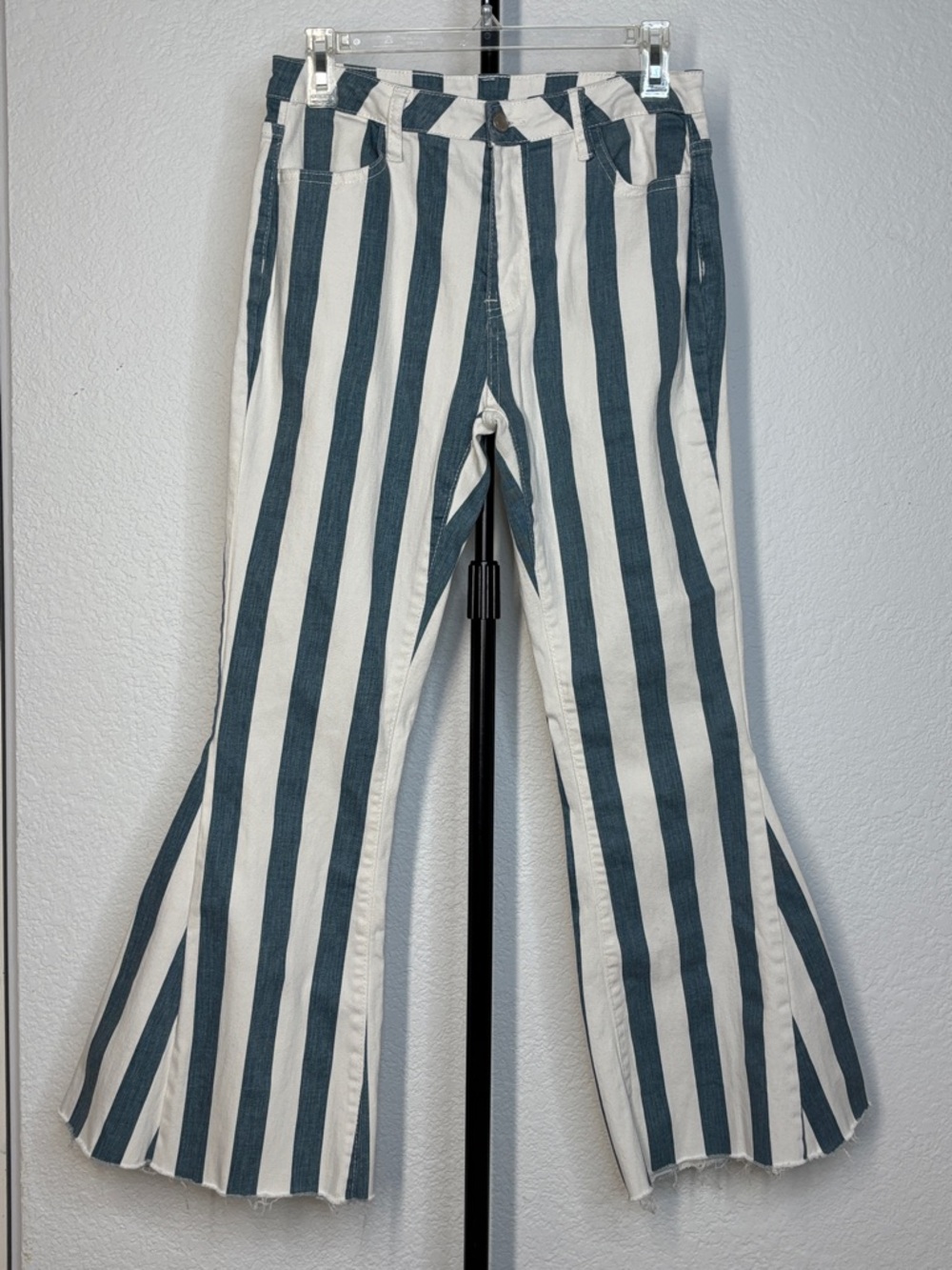 Kids Blue and White Vertical Stripe Flared Jeans Large